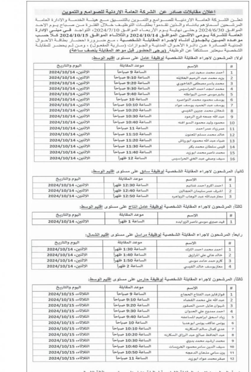 الأردنية للصوامع والتموين تدعو أردنيين لمقابلات توظيفية (أسماء)