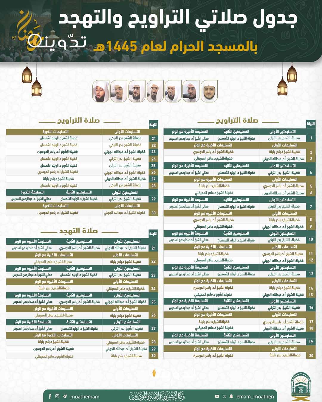 في العشر الأواخر: جدول أئمة الحرم المكي في صلاة التهجد 1445 - 2024.. و "الدوسري" للإمامة في تِلك الليالي 4 جدول أئمة الحرم المكي في صلاة التهجد 1445
