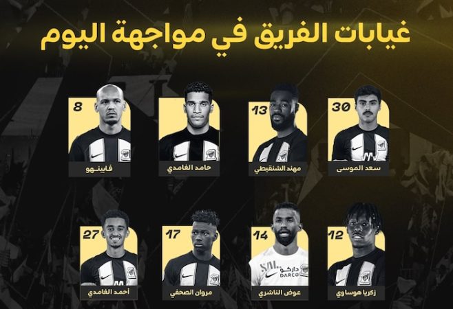 غيابات الاتحاد امام الاهلي في مباراة ديربي الغربية اليوم الجولة 26 من دوري روشن 2023-2024 1 تشكيلة الاتحاد أمام الأهلي